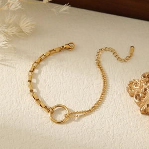 Minimalist 18k gold plated stainless steel double layer beaded chain bracelet for women