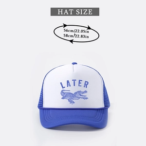 Detailed size chart for blue and white trucker hat featuring LATER dinosaur graphic print