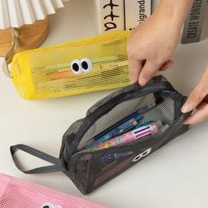 Cute mesh pencil case with big eyes patch and portable handle for students
