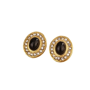 Retro 18k gold-plated stud earrings with black oval gemstone and white rhinestones