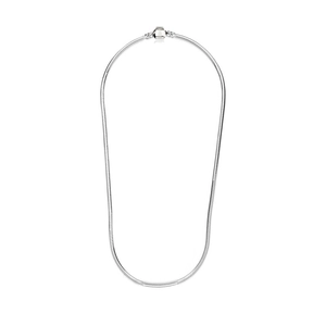 Classic 45cm silver snake chain necklace with a cylindrical barrel clasp on white background
