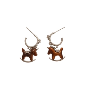 Silver horse stud earrings with brown resin rocking horse pendant and zircon accents