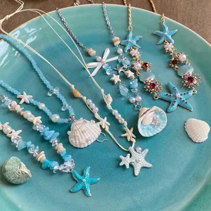 Collier Pendentif Coquillage Étoile De Mer Fait Main Céramique Perle Corde De Cire Plage Vacances Style Bohème Bijoux