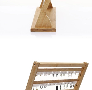 Vertical multi-tier wooden earring display stand with clear natural wood grain texture