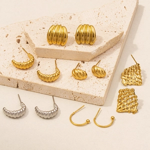 Stainless Steel Earrings 18K Gold Plated Ribbed Croissant Woven Mesh Geometric Minimalist Jewelry For Women