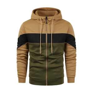 Men's casual drawstring hoodie with khaki, black and army green color block panels