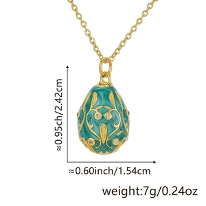 Detail view of a green enameled egg pendant necklace with dimensions and weight info
