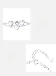 Detail view of S925 sterling silver double-layered heart bracelet with spring clasp closure
