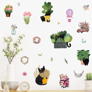 Cartoon black cat and floral wall stickers for cozy home wall decor in hand-drawn style