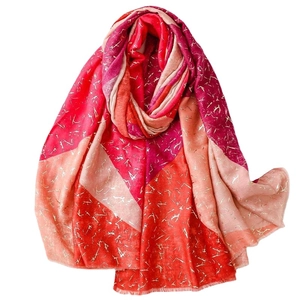 Linen feel cotton scarf with colorful geometric blocks and golden prism foil print