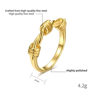 Detail view showing 2mm width and 4.2g weight of the gold knotted stainless steel ring