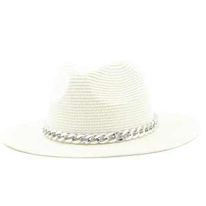 Close-up of beige straw jazz hat featuring a decorative chunky silver metal chain link