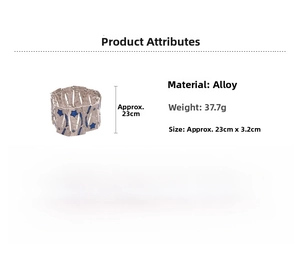 Detailed view of silver alloy wide cuff bracelet with blue star patterns and dimensions