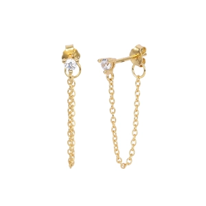 Elegant gold S925 silver stud earrings with white zircon stones and sleek long chain tassels