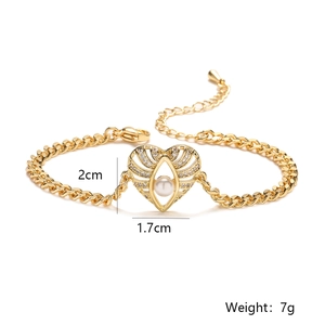 18K gold plated heart bracelet with pearls and zircon Evil Eye detail on Cuban chain