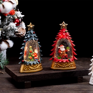 Luminous Christmas tree crystal balls with Santa and gift scenes on gold bases