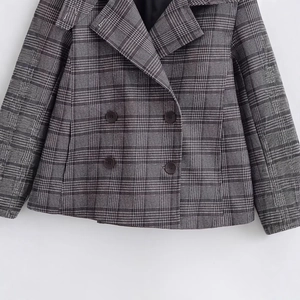Women's chic double-breasted plaid blazer in grey woven fabric with notched lapels