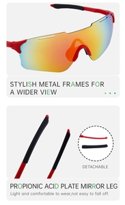 Detail of red sports cycling sunglasses showing detachable temples and metal frame