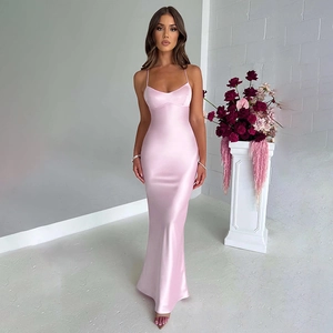 Robe Maxi À Bretelles En Satin Sexy Dos Nu À Lacets Taille Haute Col En V Sans Manches Robe De Soirée Élégante