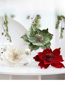 Detailed view of luxury velvet magnolia Christmas flowers with glitter petal edges