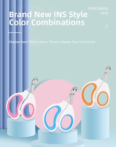 Close-up of stainless steel pet nail clippers in pink, blue, and orange on pedestals