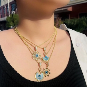 Western Style Copper Gold Plated Evil Eye Pendant Necklace For Women Fashion Rhinestone Inlaid Geometric Sun Star Jewelry Gift