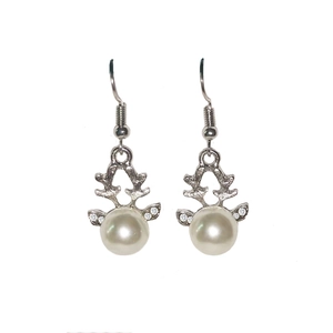 Detailed view of silver reindeer ear hooks with white pearls and sparkling rhinestones