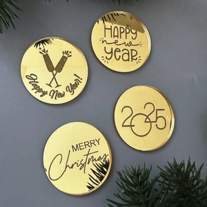 Set of 4 golden acrylic cupcake toppers for Christmas and 2025 New Year party decorations