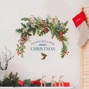 Festive Christmas wall decal featuring half-wreath pine leaves and Merry Christmas text