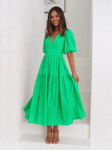 Detailed V-neck and puff sleeves on a layered long summer maxi dress in bright green