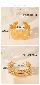 Detailed size specifications for gold butterfly and textured leaf metal bangle bracelets