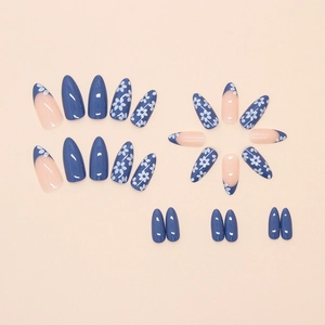 Blue and nude almond press-on nails with white flower patterns and French tips 24pcs