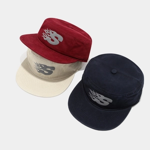 Flat top worker cap with flame S letter embroidery in navy, beige and burgundy
