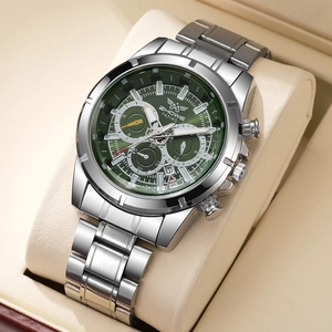 Classic silver alloy steel business watch with dark green dial and calendar function