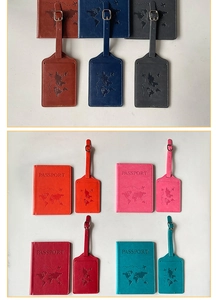 Detailed view of PU leather travel set with embossed world map and passport holder