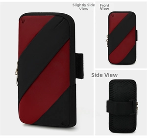 Detail of breathable mesh back and red-black nylon fabric on sports running arm bag