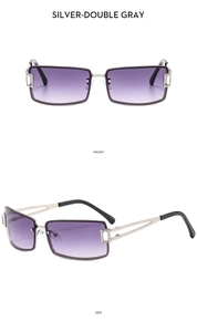 Front and side views of silver rectangular rimless sunglasses with purple gradient lenses