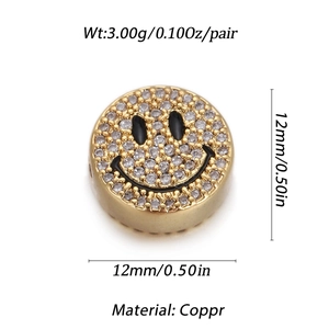 Detailed view of copper gold-plated round smile pendant with white cubic zirconia stones