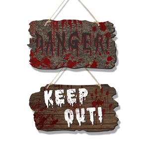 Plaque d'Halloween style bois avec empreintes sanglantes et texte Danger Keep Out