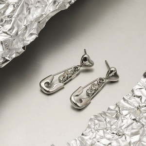 Silver stainless steel heart stud earrings with sparkling paperclip drop pendants