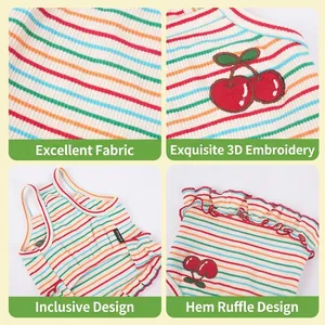Rainbow striped pet dress with cherry embroidery and red ruffle hem for small dogs