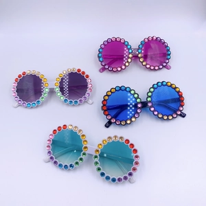 Kids Round Sunglasses Colorful Rhinestone Plastic Frame Fashion Decorative Eyewear Boys Girls Outdoor