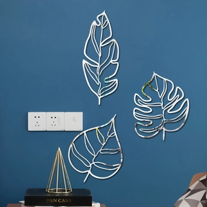Décor mural en métal argenté 3D en forme de feuilles avec effet miroir en trois pièces