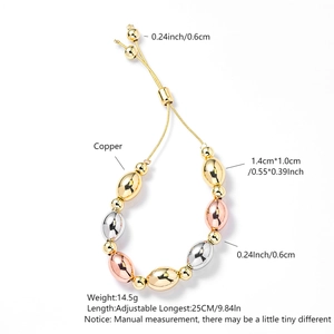 Detail of tricolor copper beaded bracelet showing dimensions and adjustable slider clasp