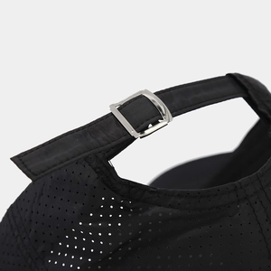 Black breathable mesh baseball cap with adjustable metal buckle strap detail