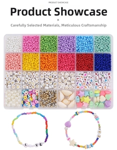 Macro detail of 24-compartment DIY jewelry bead set including seed, letter, and smiley beads