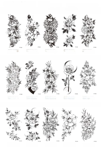 Black sketch tattoo stickers featuring diverse floral designs and a revolver with roses