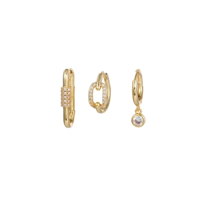 Detailed view of three-piece gold-plated earring set with micro-set zircon geometric designs