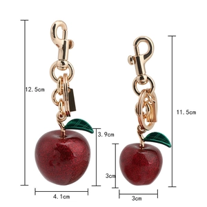 Red glitter apple keychain in two sizes with gold alloy clasp and size measurements