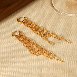 Détail de boucles d'oreilles à franges en or 18k avec pompons sur tissu texturé
